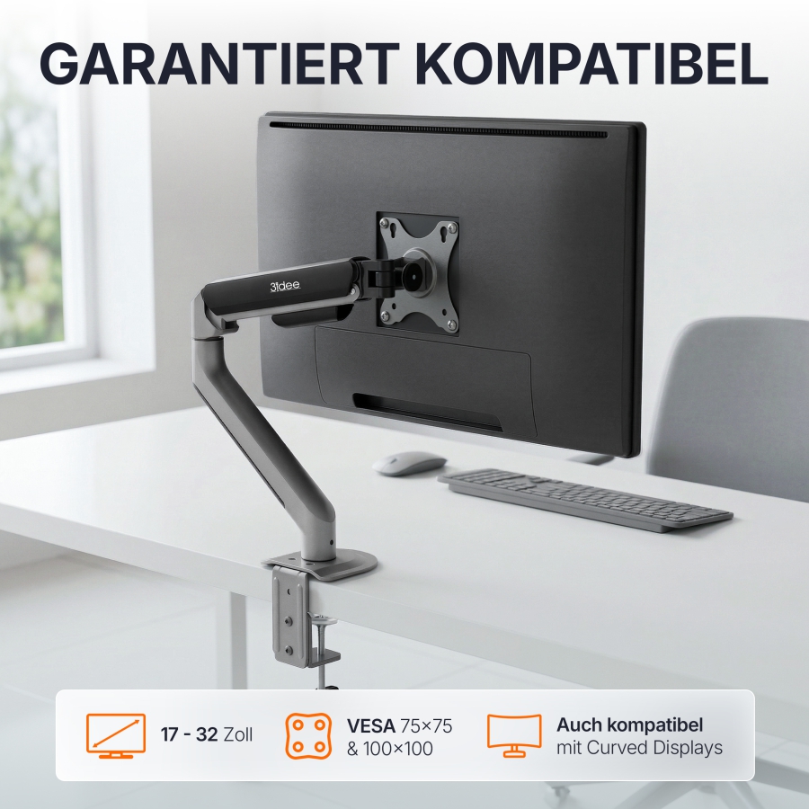 3IDEE Flexi-Lite Single Monitorarm - 1 Monitor - [13-32" / bis 9kg] - stufenlos Höhenverstellbar